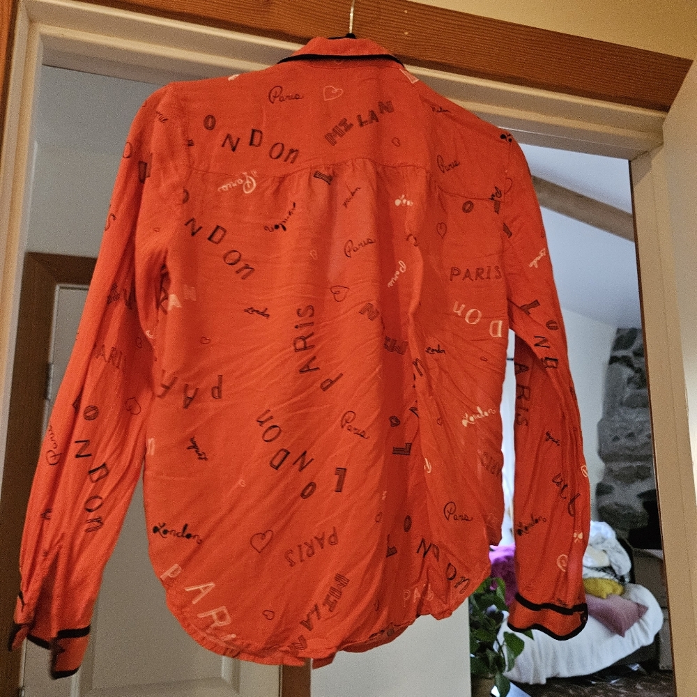 Maeve Orange Button Down Shirt with Black Accents - Picture 2 of 5